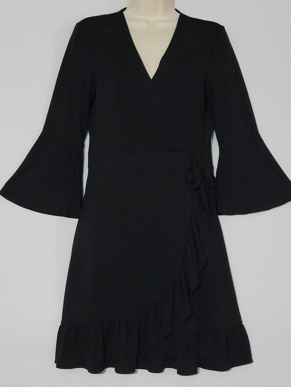 Cupio Black Ruffle Wrap Dress S - 3/4 Bell Sleeve V-Neck Mini LBD